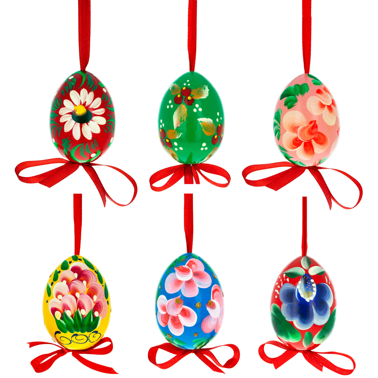 Flowery Painting Multicolored Wooden Easter Egg Ornaments in Multi color,  shape