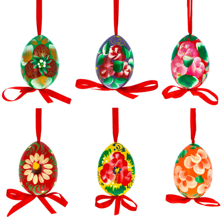 Flowery Painting Multicolored Wooden Easter Egg Ornaments in Multi color,  shape