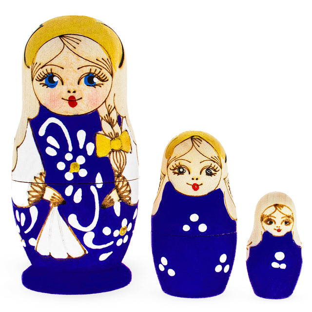 Set of 3 Pieces Blue Woodburning Style Wooden Nesting Dolls in Blue color,  shape