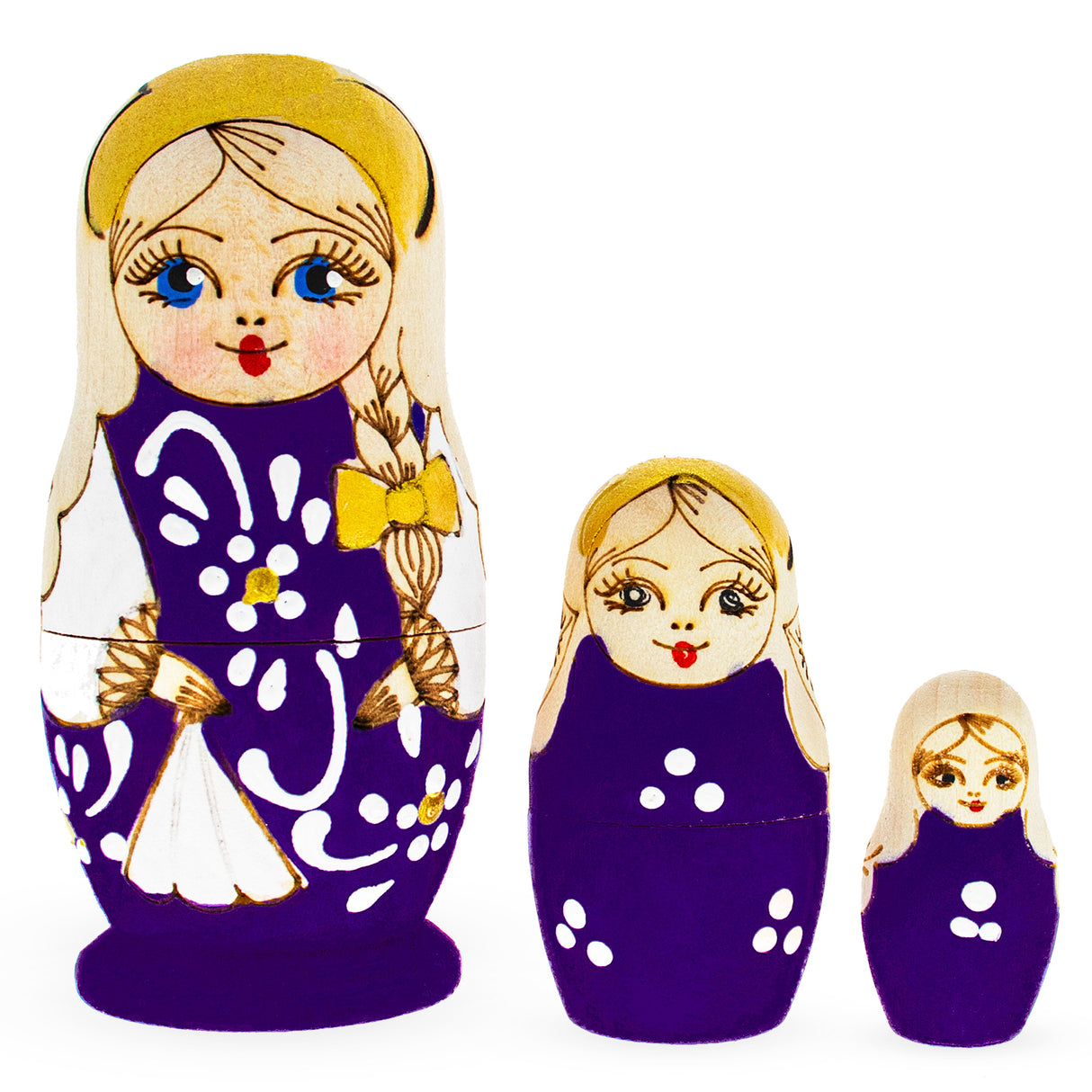 Set of 3 Purple Woodburning Style Wooden Nesting Dolls in Purple color,  shape