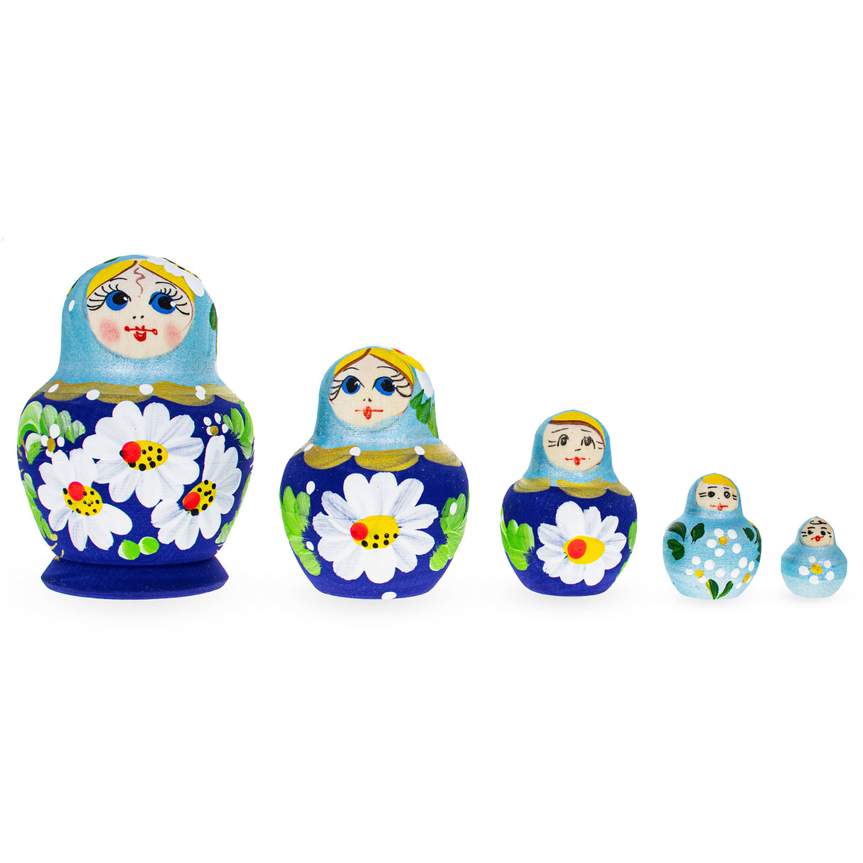 Beautiful Wooden  with Light Blue Color Hood and Flowers Nesting Dolls in Blue color,  shape