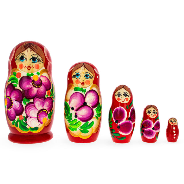 Wood Beautiful Wooden Matryoshka with Red Color Hood and Flowers Wooden Nesting Dolls in Red color