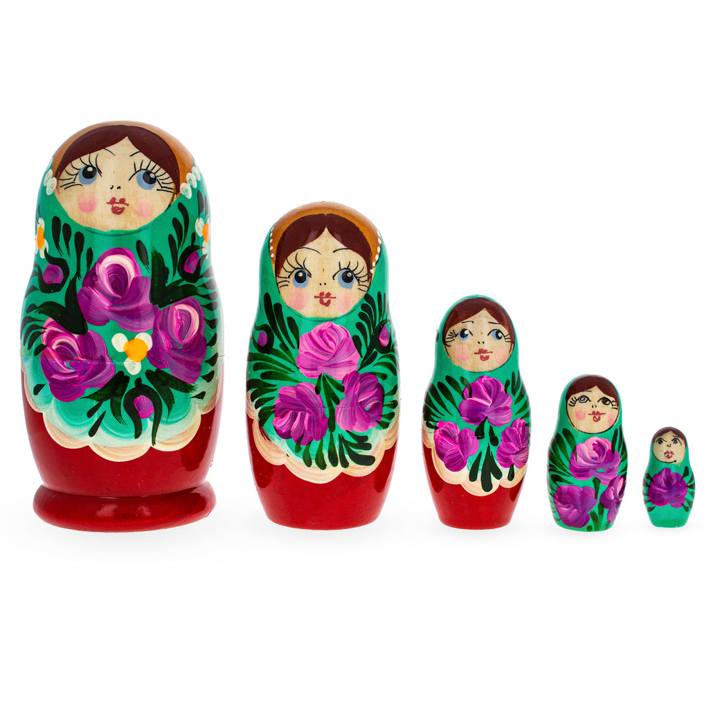 Wood Beautiful Wooden  with Green Color Hood and Flowers Nesting Dolls in Green color