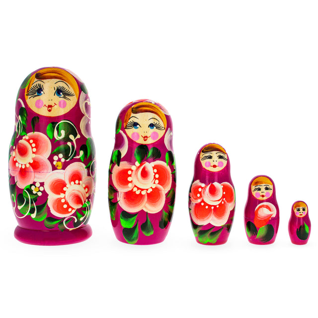 Purple Wooden  with Pink Color Hood and Orange Flowers Nesting Dolls in Red color,  shape
