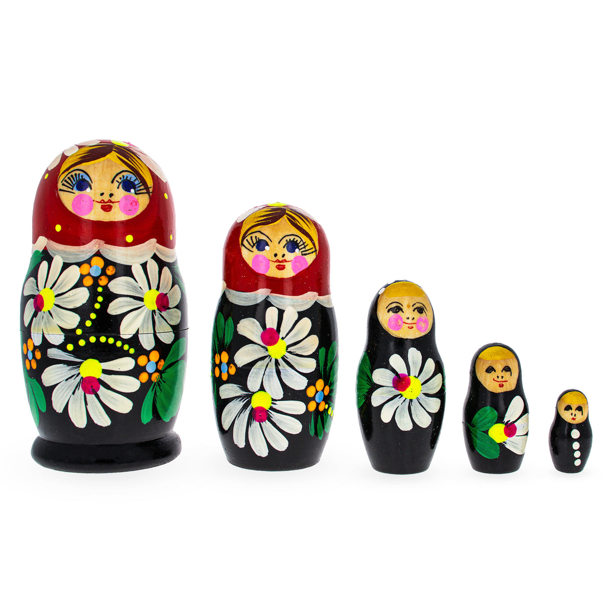 Wood Beautiful Wooden  with Red Color Hood and White Flowers Nesting Dolls in Multi color