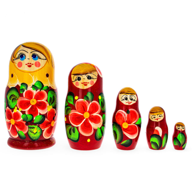 Beautiful Wooden  with Orange Color Hood and Flowers Nesting Dolls in Red color