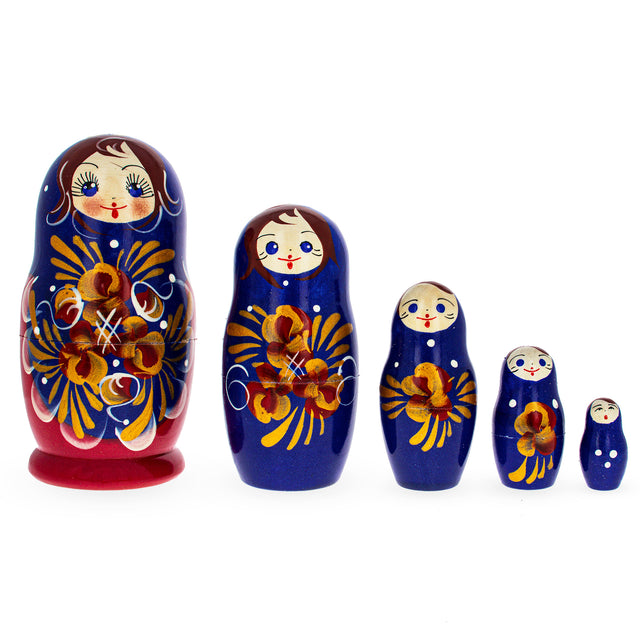 Beautiful Wooden  with Blue Color Hood and Gold Flowers Nesting Dolls in Blue color
