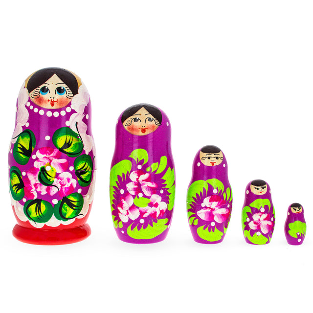 Beautiful Wooden  with Purple Color Hood and Flowers Nesting Dolls in Purple color,  shape