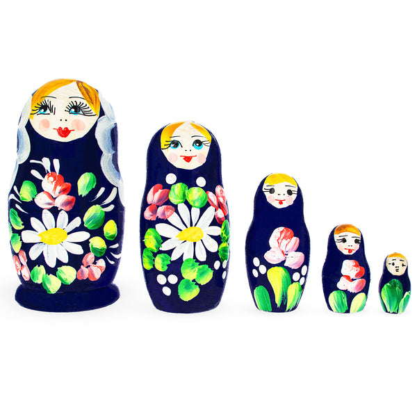 5 Pieces Daisy Blue Miniature Wooden  Nesting Dolls in Blue color,  shape