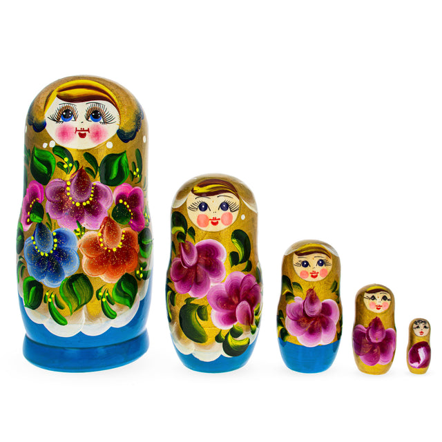Beautiful Wooden  with Gold Color Hood and Flowers Nesting Dolls in Gold color,  shape