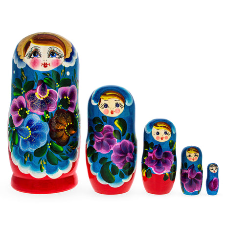 Beautiful Wooden  with Blue Color Hood and Flowers Nesting Dolls in Blue color,  shape