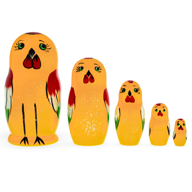 Set of 5 Rooster Family Wooden Nesting Dolls in Yellow color