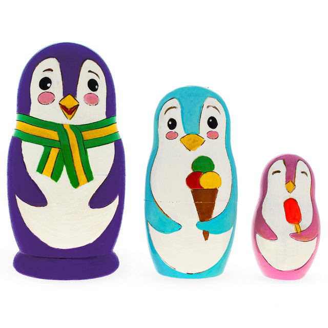Wood Set of 3 Penguin Family Wooden Nesting Dolls in Multi color