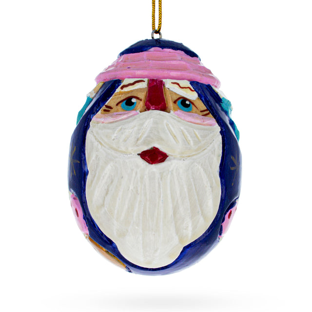 Santa Carved Wood Hand Painted Ornament in Blue color, Oval shape