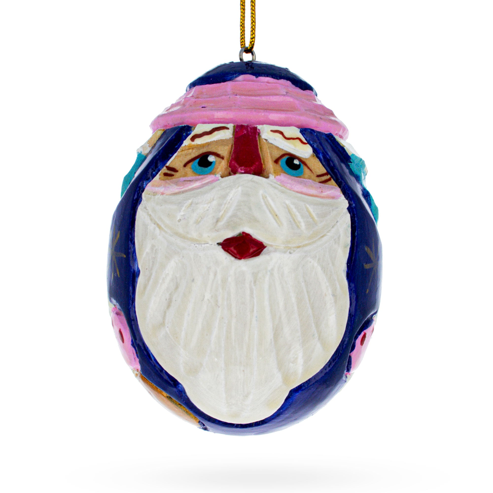 Santa Carved Wood Hand Painted Ornament in Blue color Oval