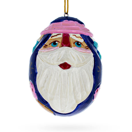 Santa Carved Wood Hand Painted Ornament in Blue color Oval