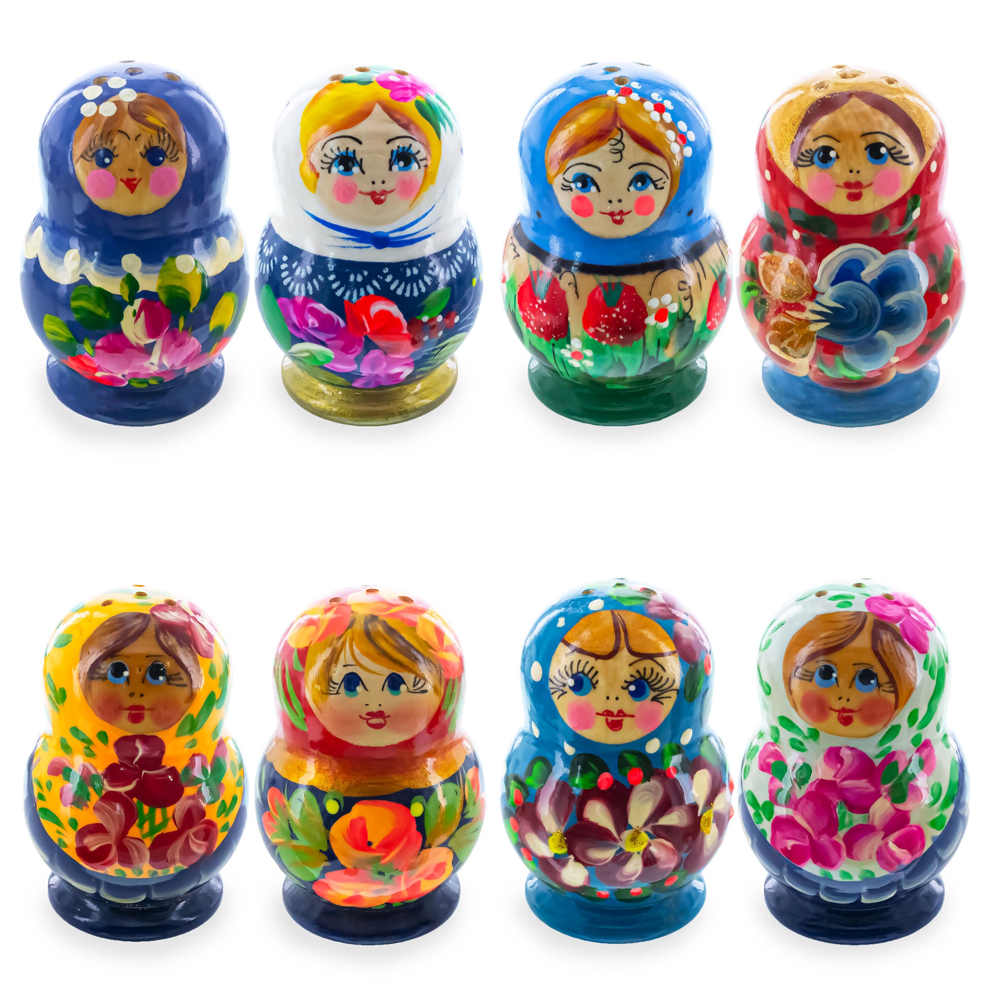 Set of 2 Assortment of Blue Colors Salt and Pepper Shakers Matryoshka in Multi color