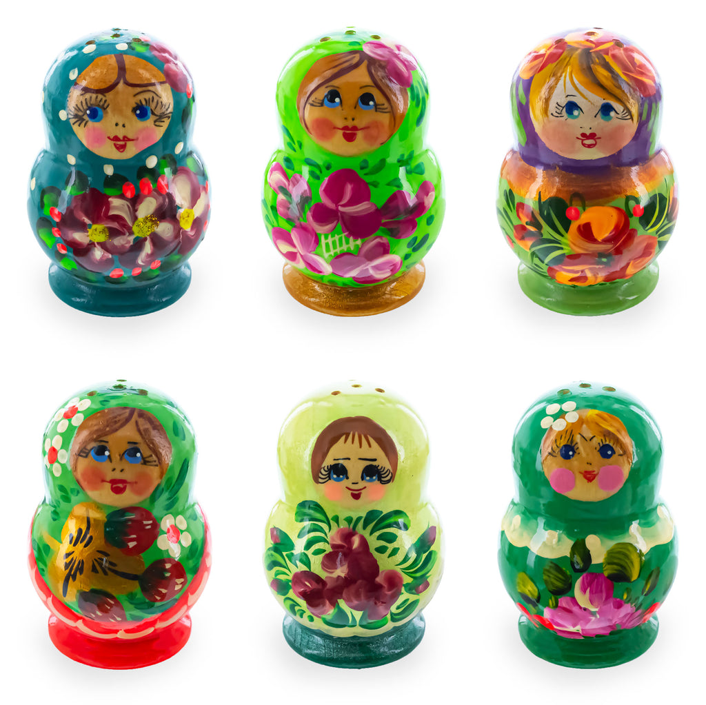 Set of 2 Green Salt and Pepper Shakers Nesting Dolls in Assortment (Styles May Vary) in Multi color