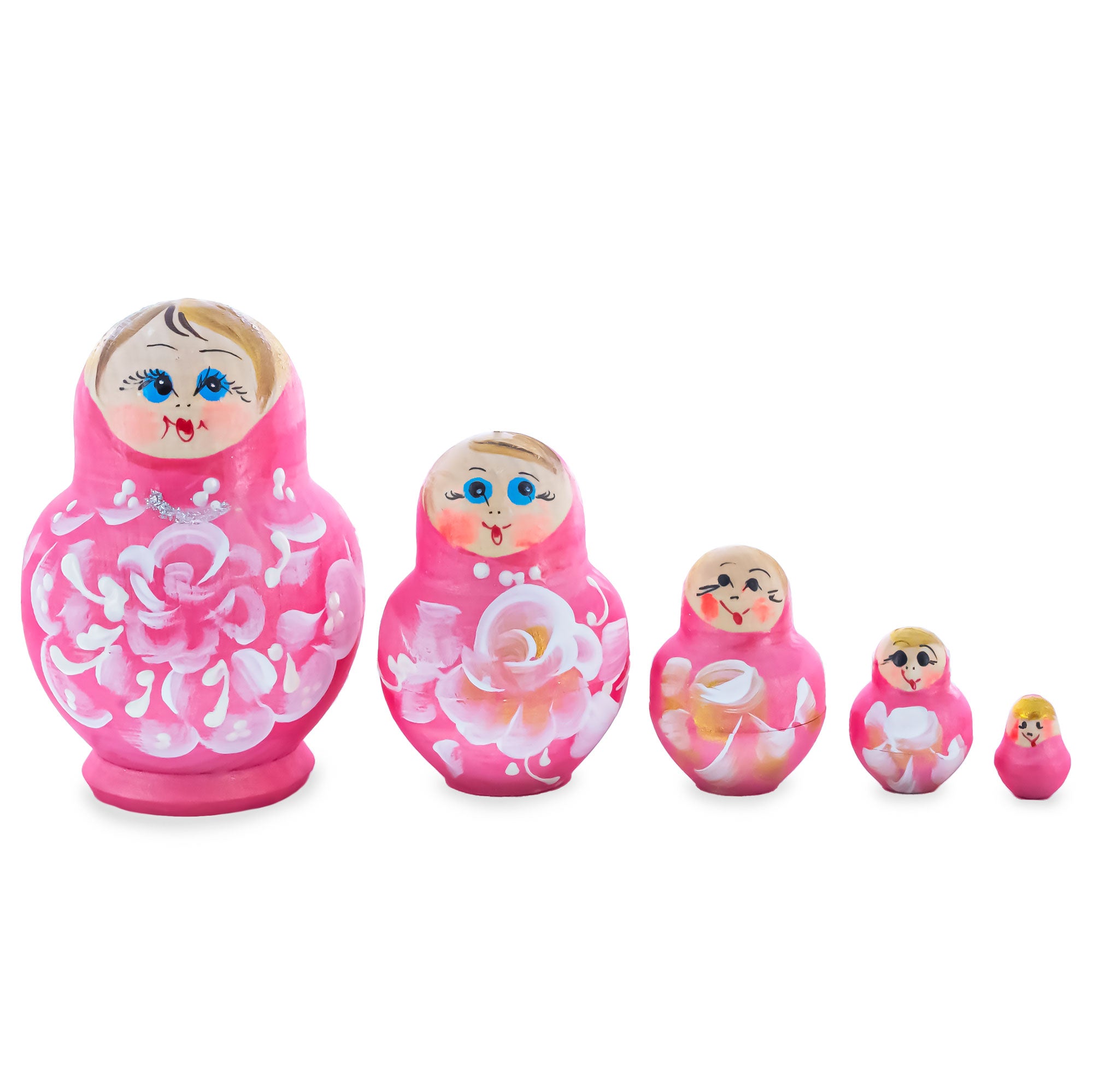 Light Pink Color with White Flowers Wooden  Nesting Dolls in  color