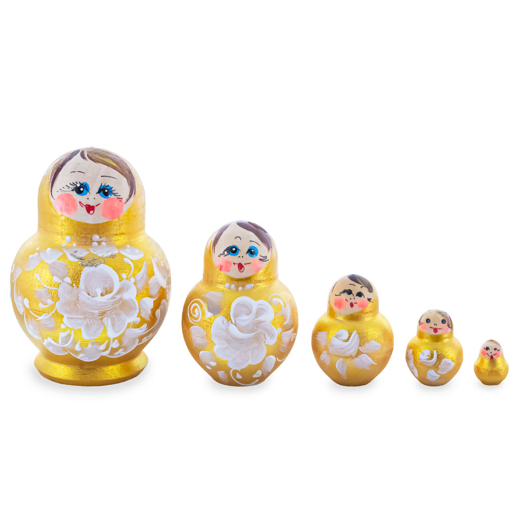 Gold Color with White Flowers Pink Wooden  Nesting Dolls in  color