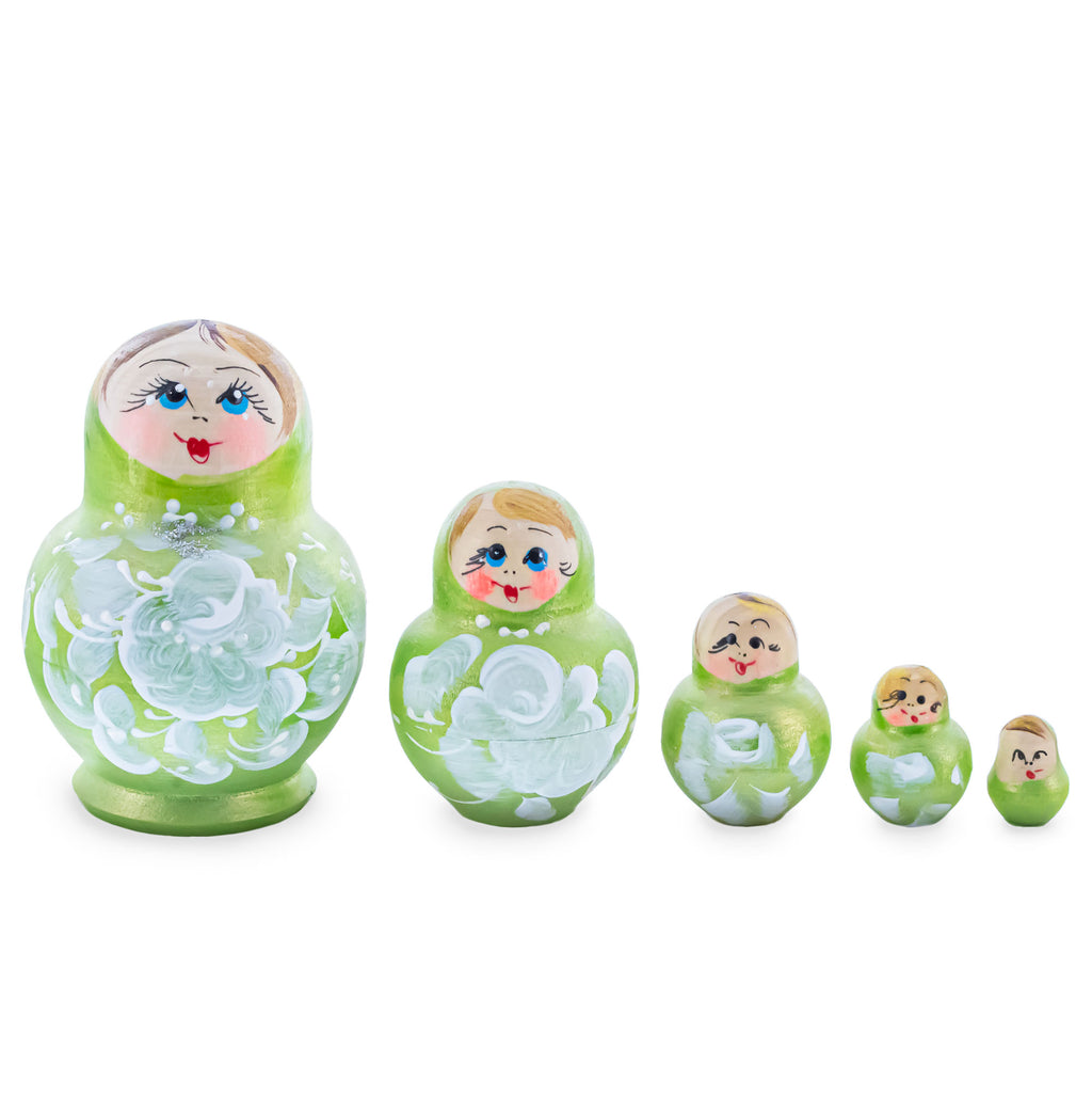Green Color with White Flowers Wooden  Nesting Dolls in  color