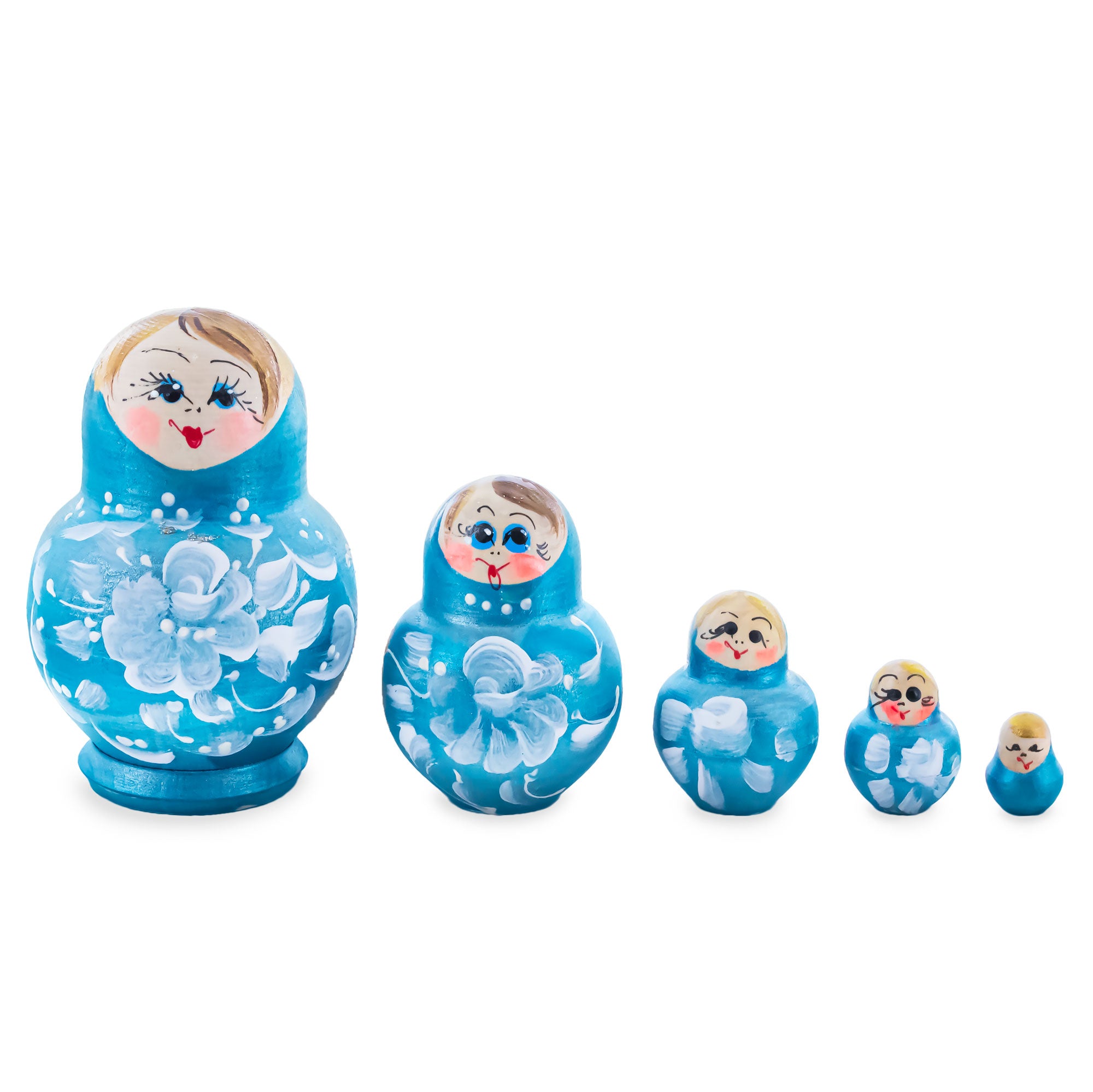 Light Blue Color with White Flower Wooden  Nesting Dolls in  color