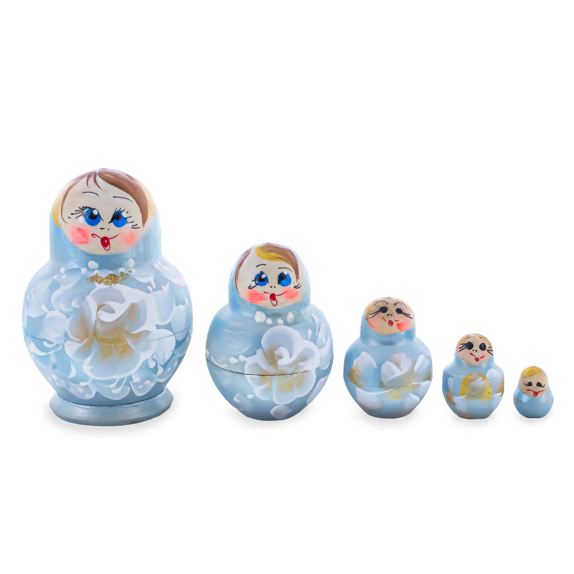 Light Blue Color with White Flowers Wooden  Nesting Dolls in  color