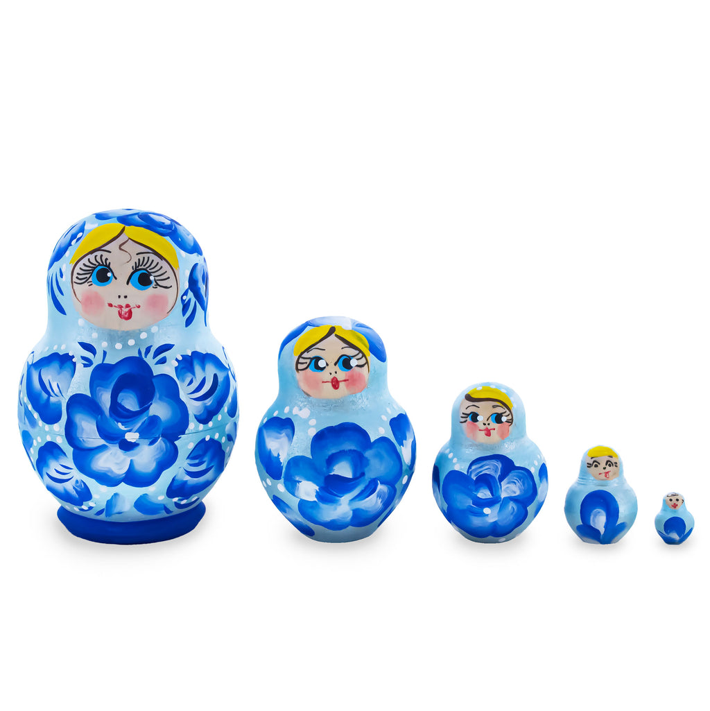 Light Blue Color with Blue Flowers Wooden  Nesting Dolls in  color
