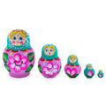 Green Hood with Pink Flower Pink Wooden  Nesting Dolls in  color