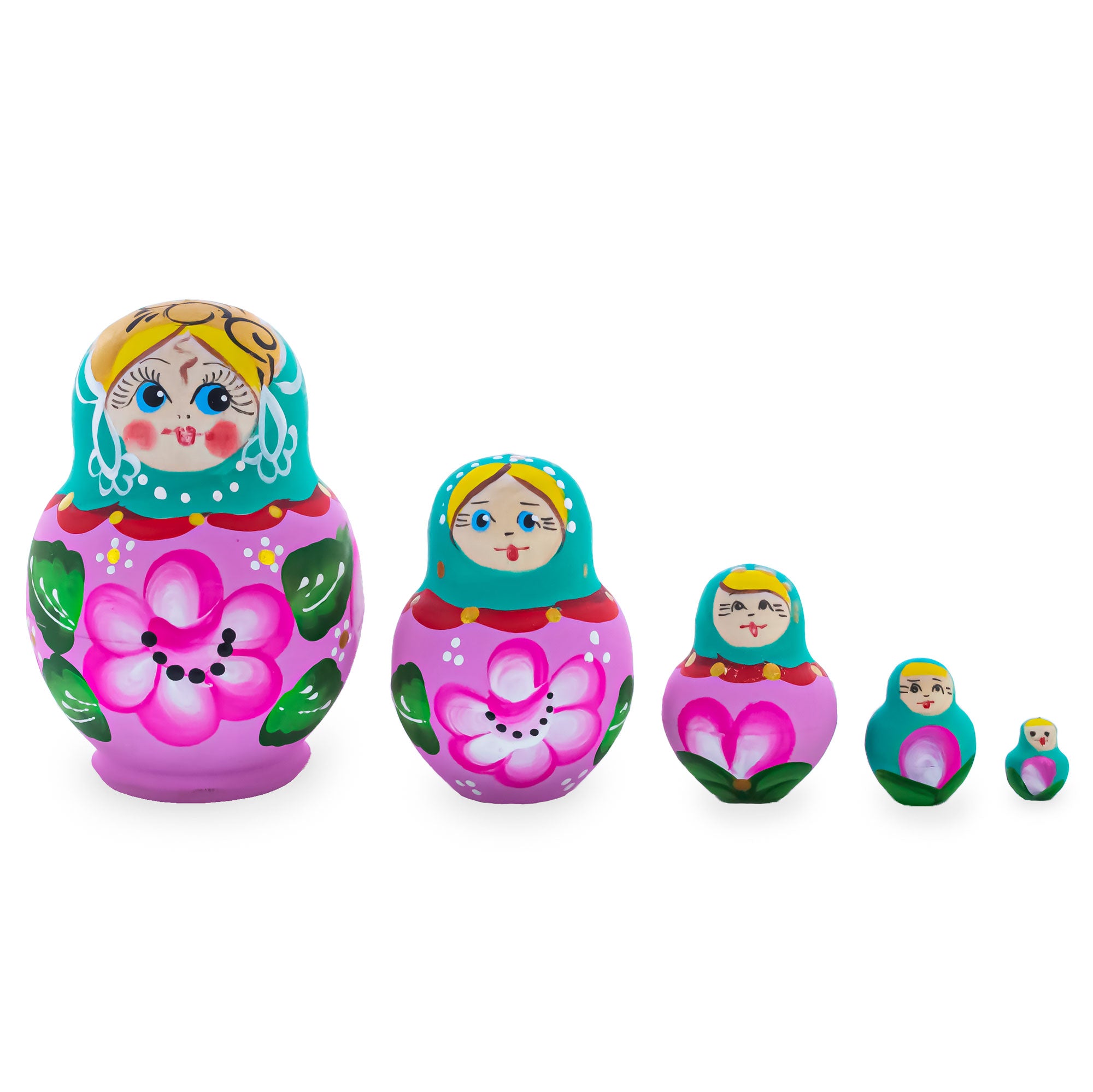 Green Hood with Pink Flower Pink Wooden  Nesting Dolls in  color