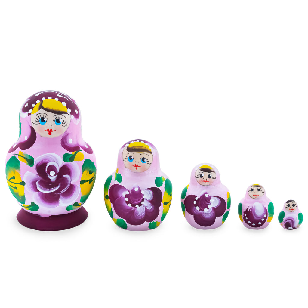 Pink Color with White Velvet Flower Wooden  Nesting Dolls in  color