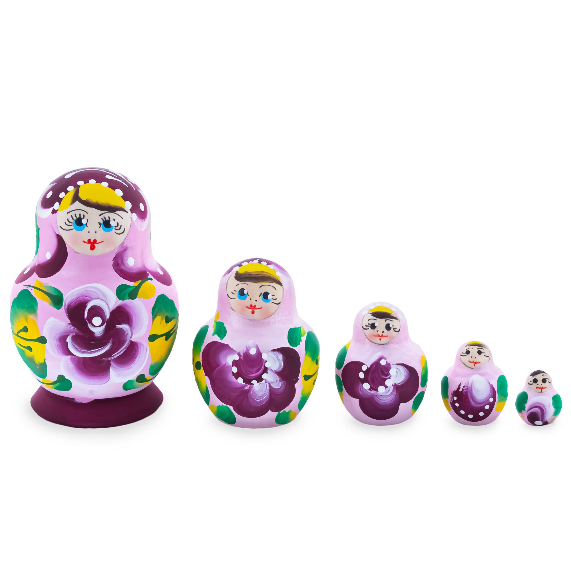 Pink Color with White Velvet Flower Wooden  Nesting Dolls in  color