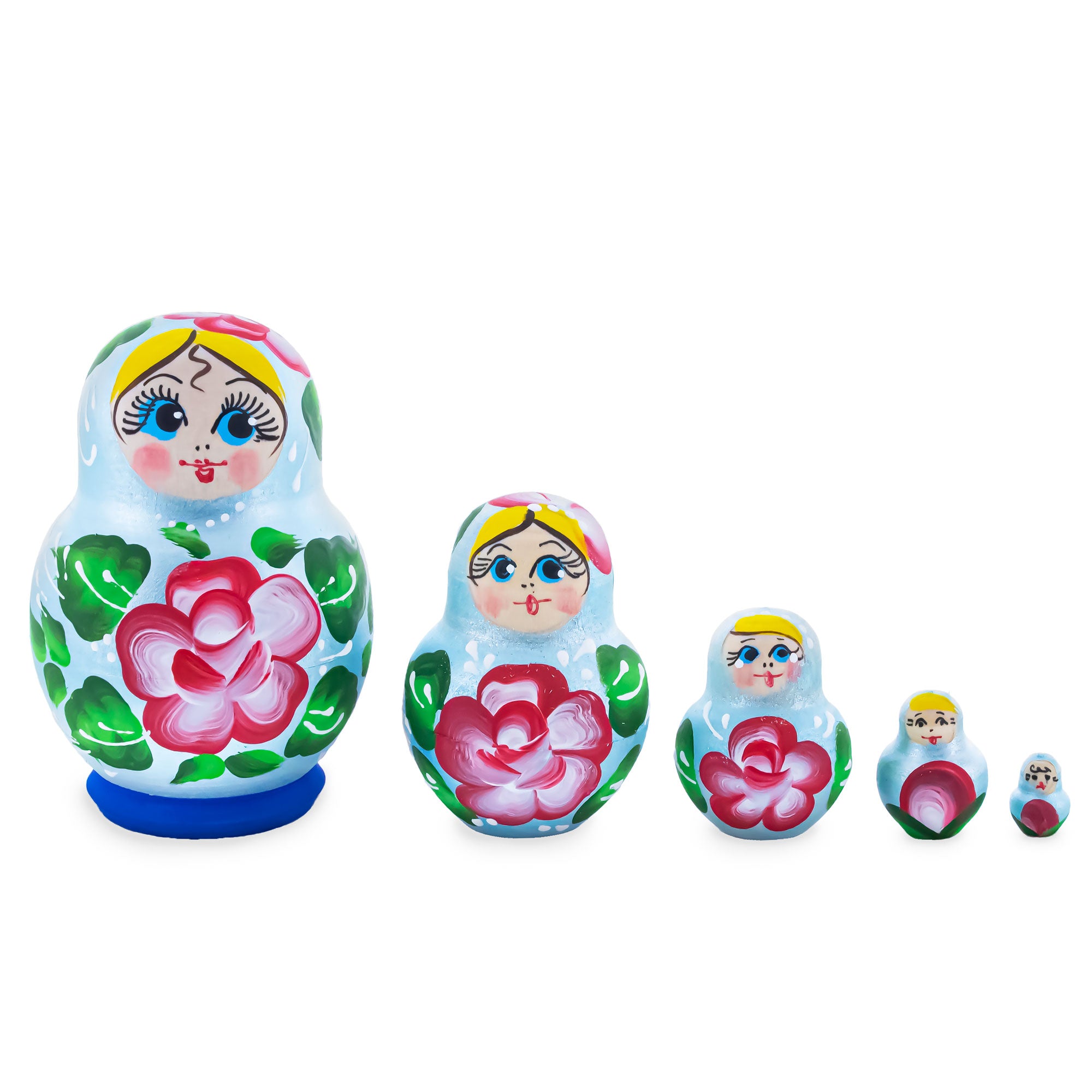 Light Blue Color with Red Flower Wooden  Nesting Dolls in  color
