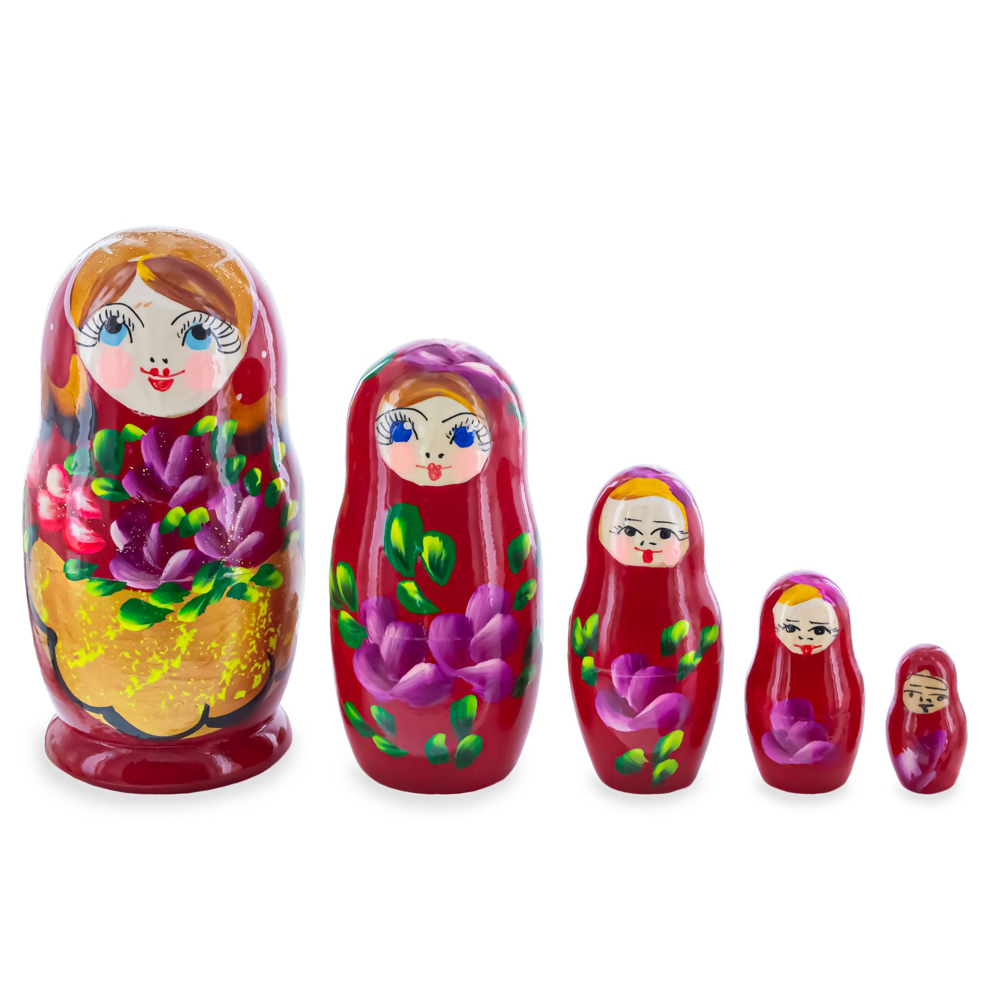 Red Color with Purple and Orange Flowers Wooden  Nesting Dolls in  color