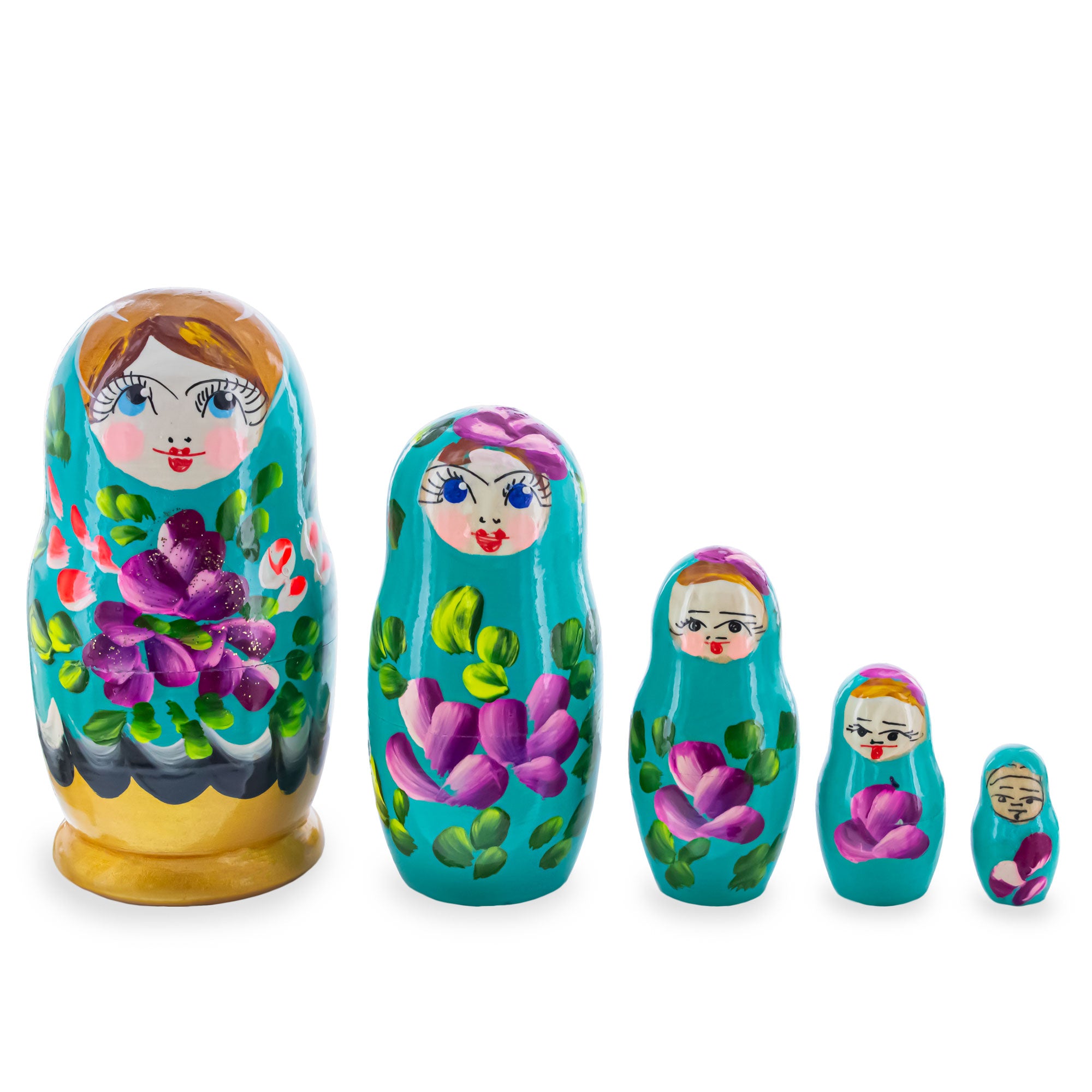Green Hood with Purple and Orange Flowers Wooden  Nesting Dolls in  color