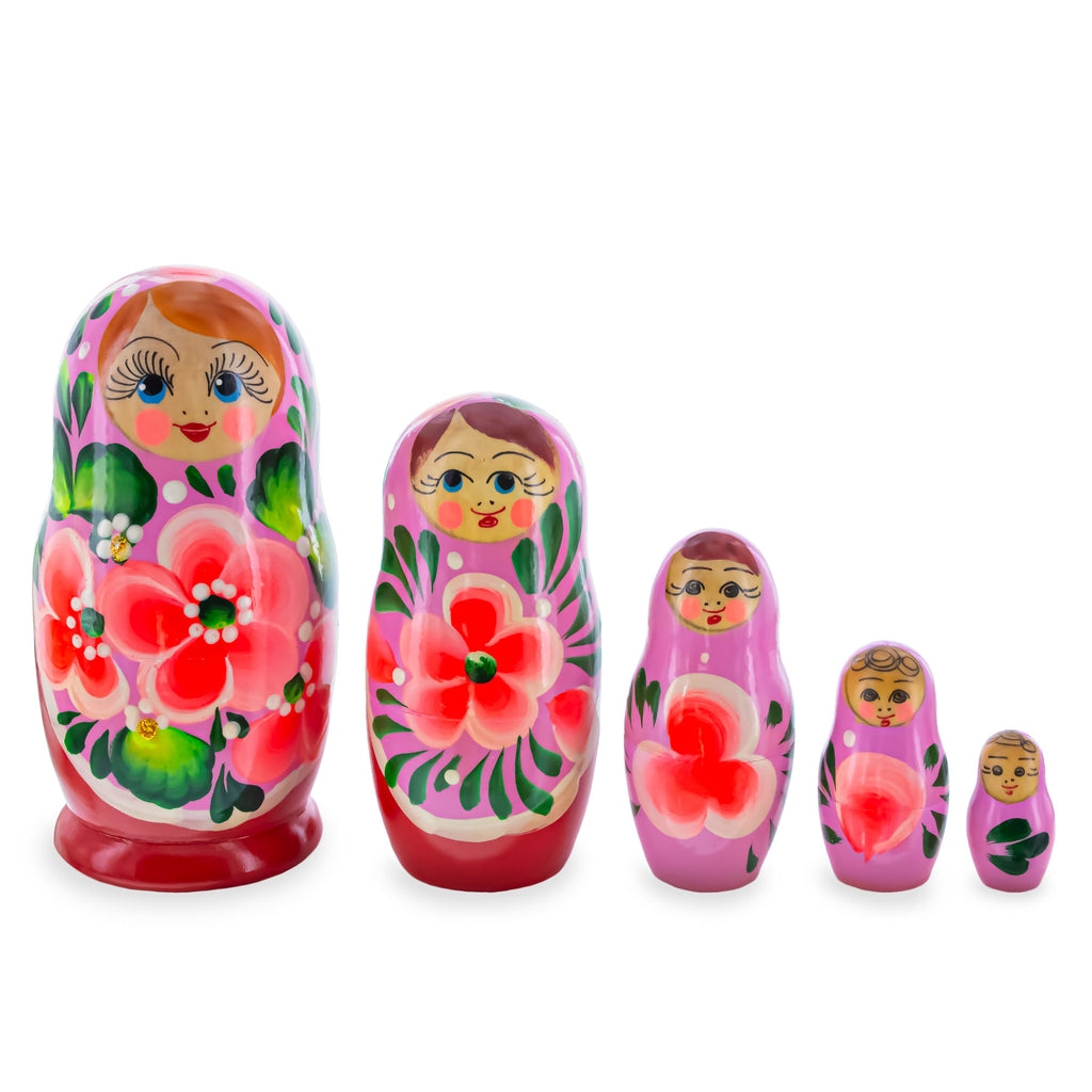 Orange Hood with Velvet Flowers Wooden  Nesting Dolls in  color