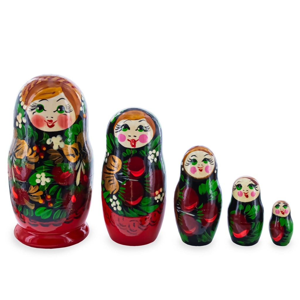 Black Hood with Red Berries Wooden  Nesting Dolls in  color