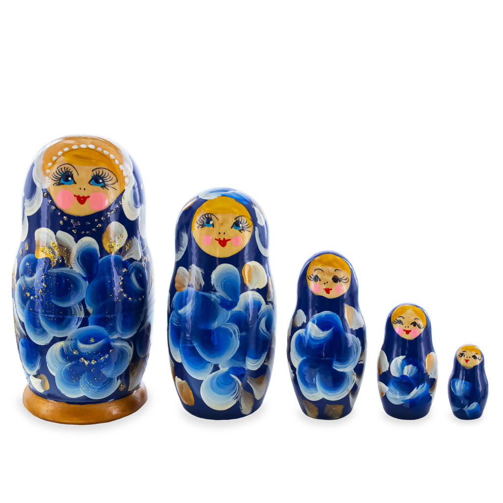 Blue Color with Blue Flowers Wooden  Nesting Dolls in  color