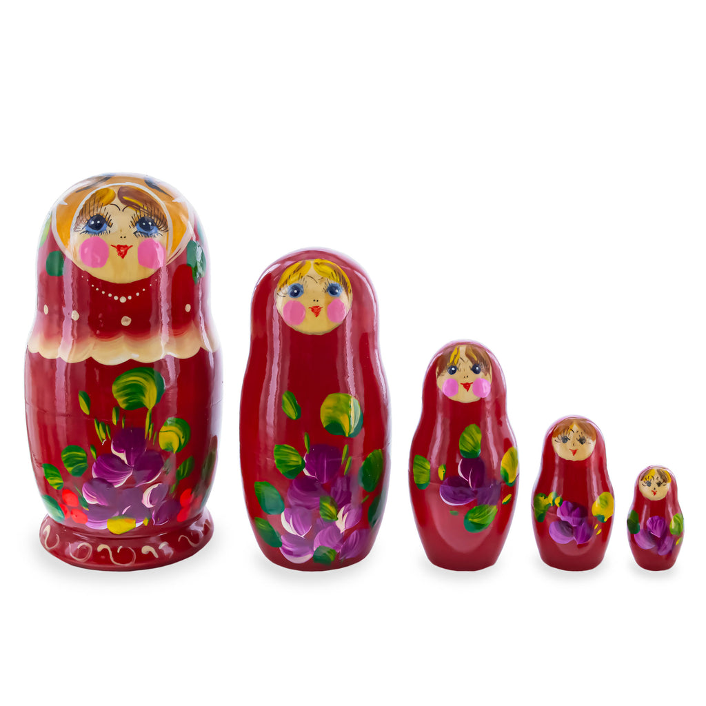 Red Color with Purple Flowers and Red Berries Wooden  Nesting Dolls in  color
