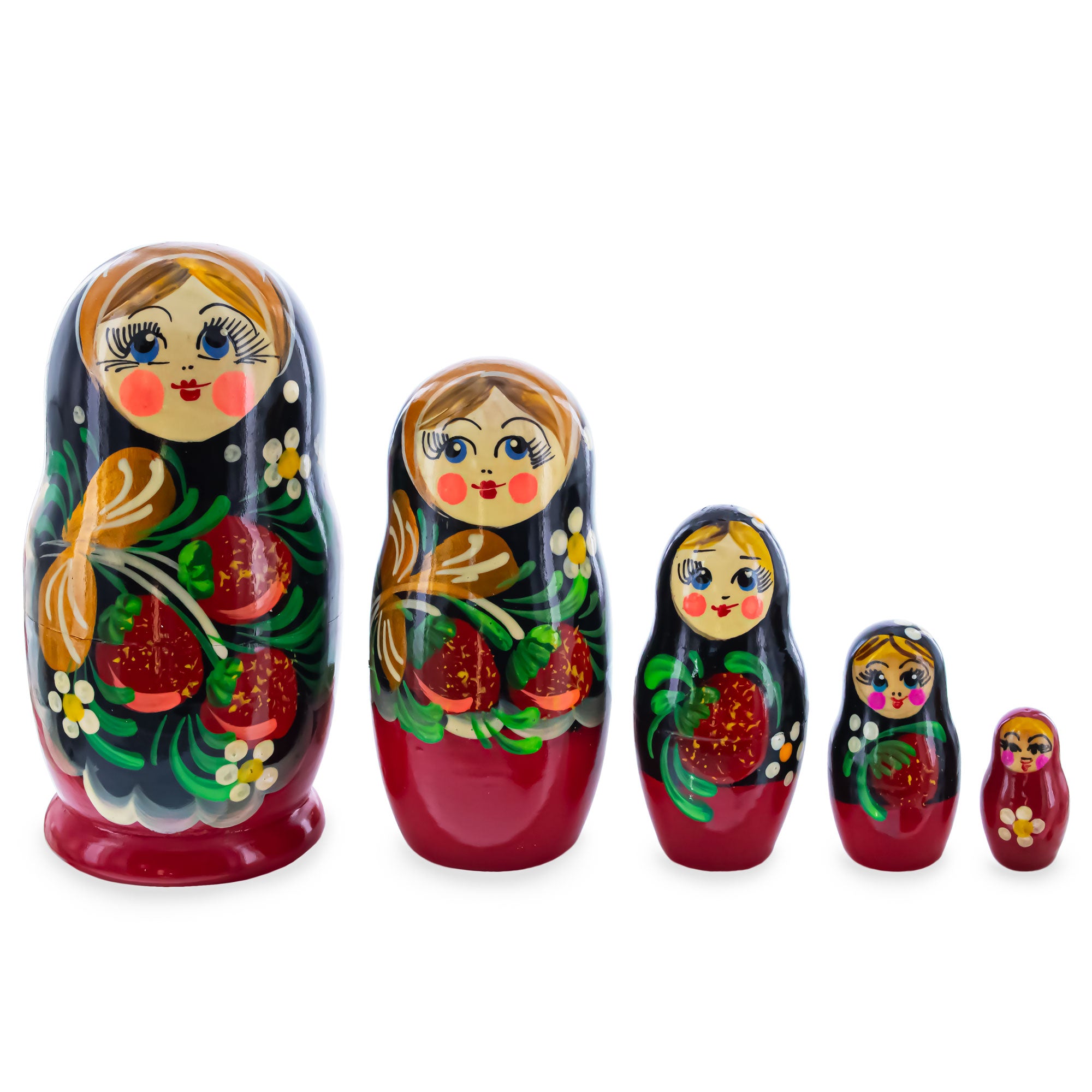 Black Hood with Strawberries Wooden  Nesting Dolls in  color