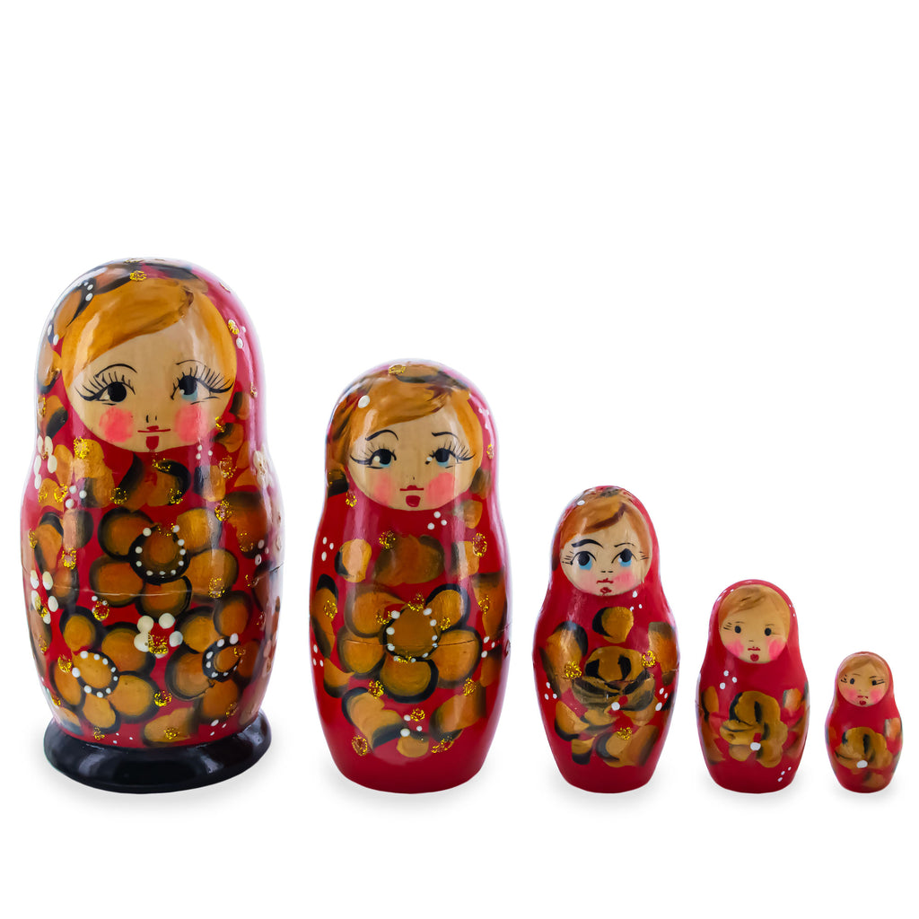 Red Color with Gold Flowers Wooden  Nesting Dolls in  color