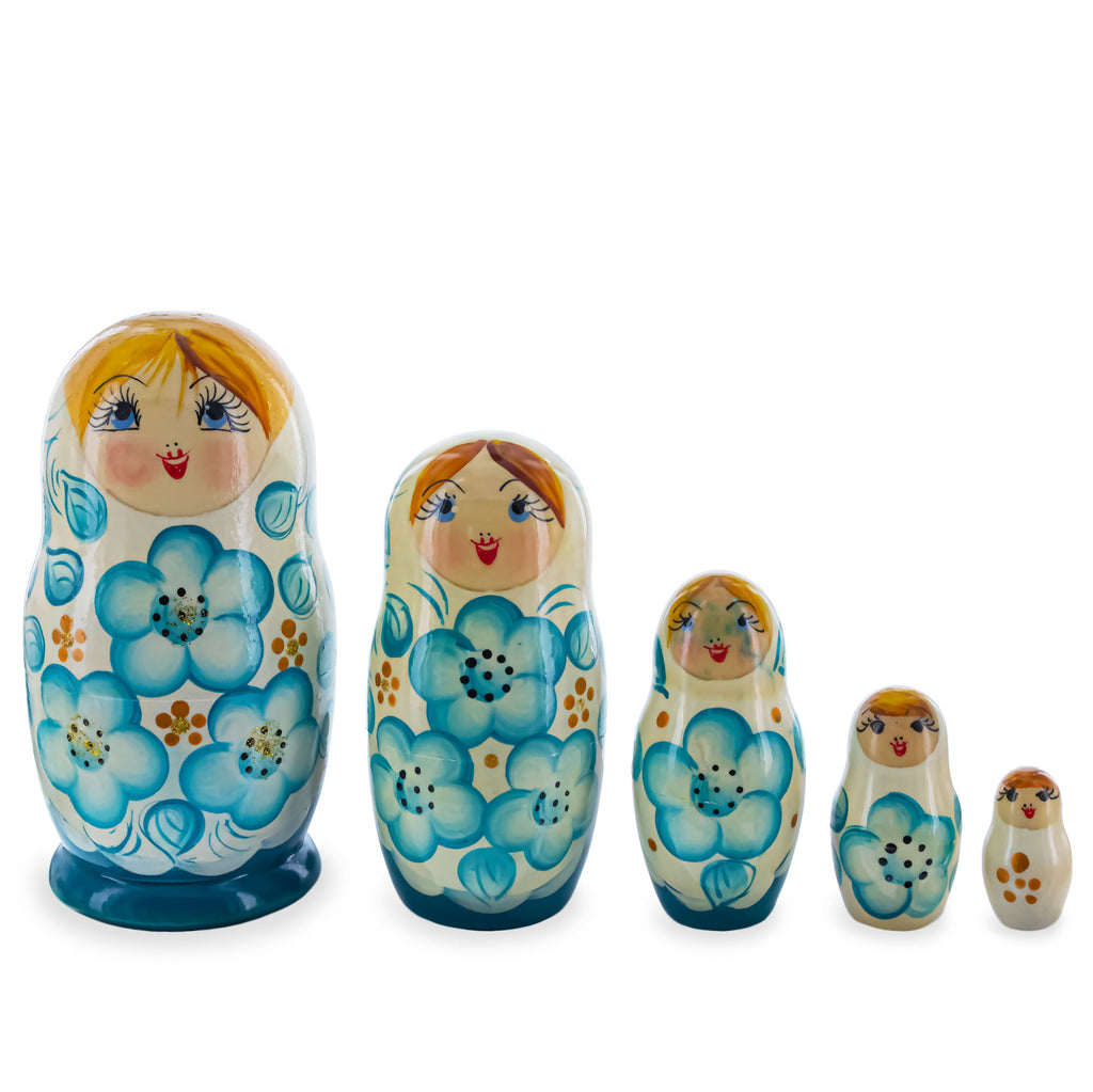 White Hood with Blue Flowers Wooden  Nesting Dolls in  color