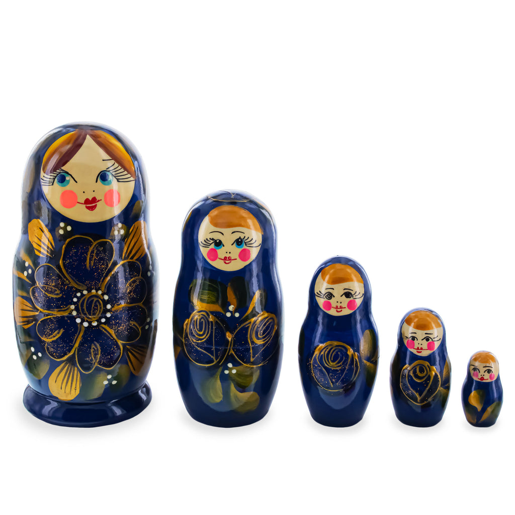 Blue Color with Gold Flowers Wooden  Nesting Dolls in  color