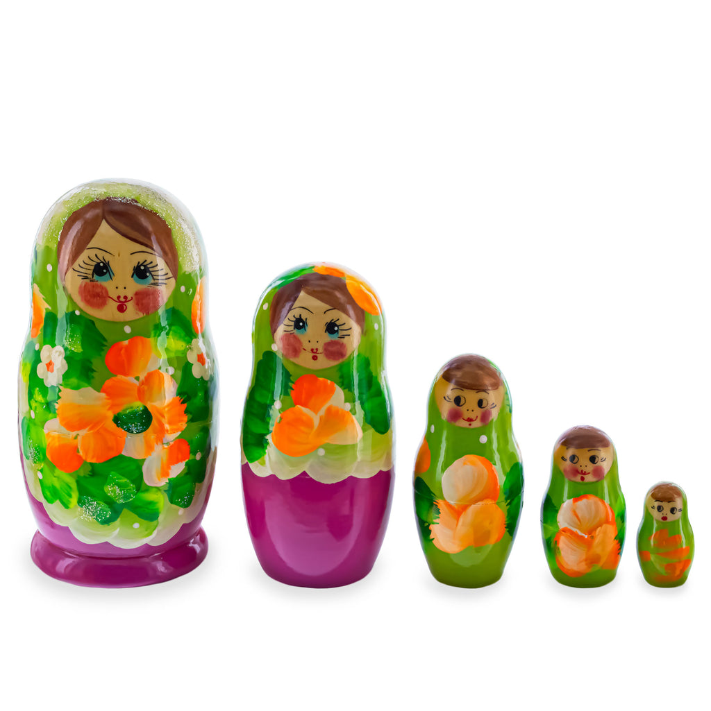 Green Hood with Purple and White Flowers Wooden  Nesting Dolls in  color