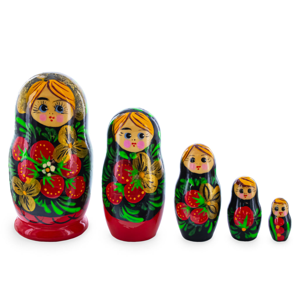 Black Hood with Strawberries Wooden  Nesting Dolls in  color