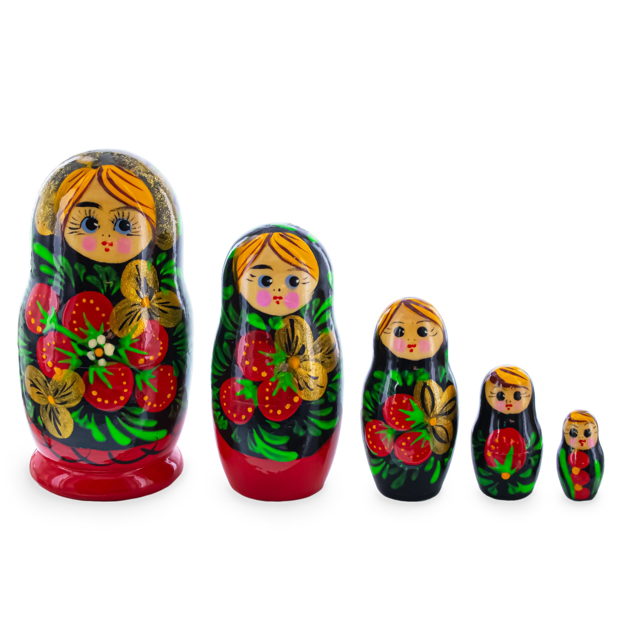 Black Hood with Strawberries Wooden  Nesting Dolls in  color