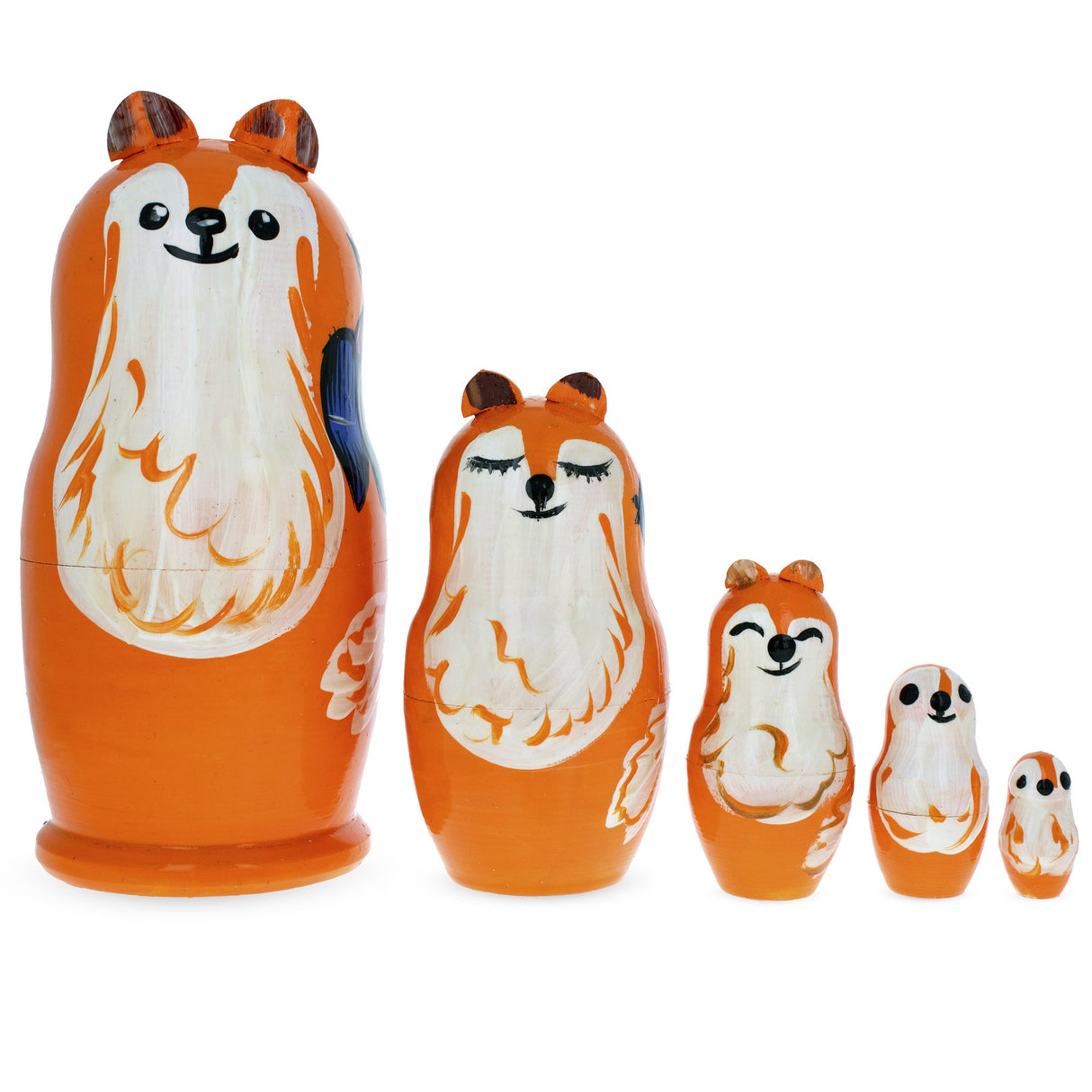 Set of 5 Fox Family Wooden Nesting Dolls in Orange color,  shape