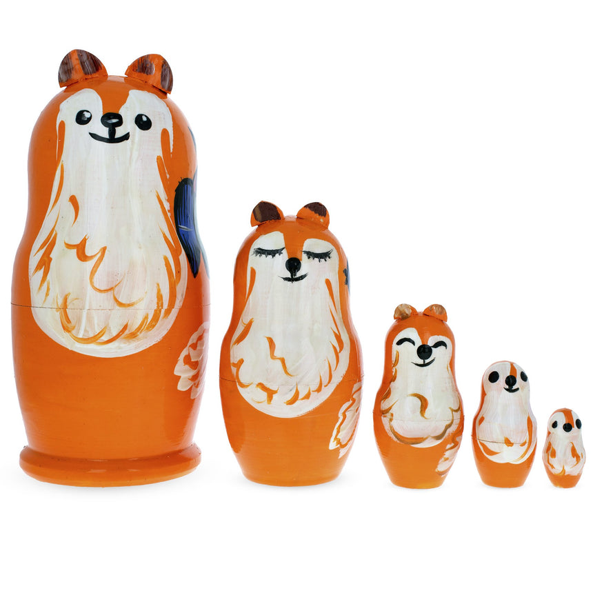 Set of 5 Fox Family Wooden Nesting Dolls in Orange color