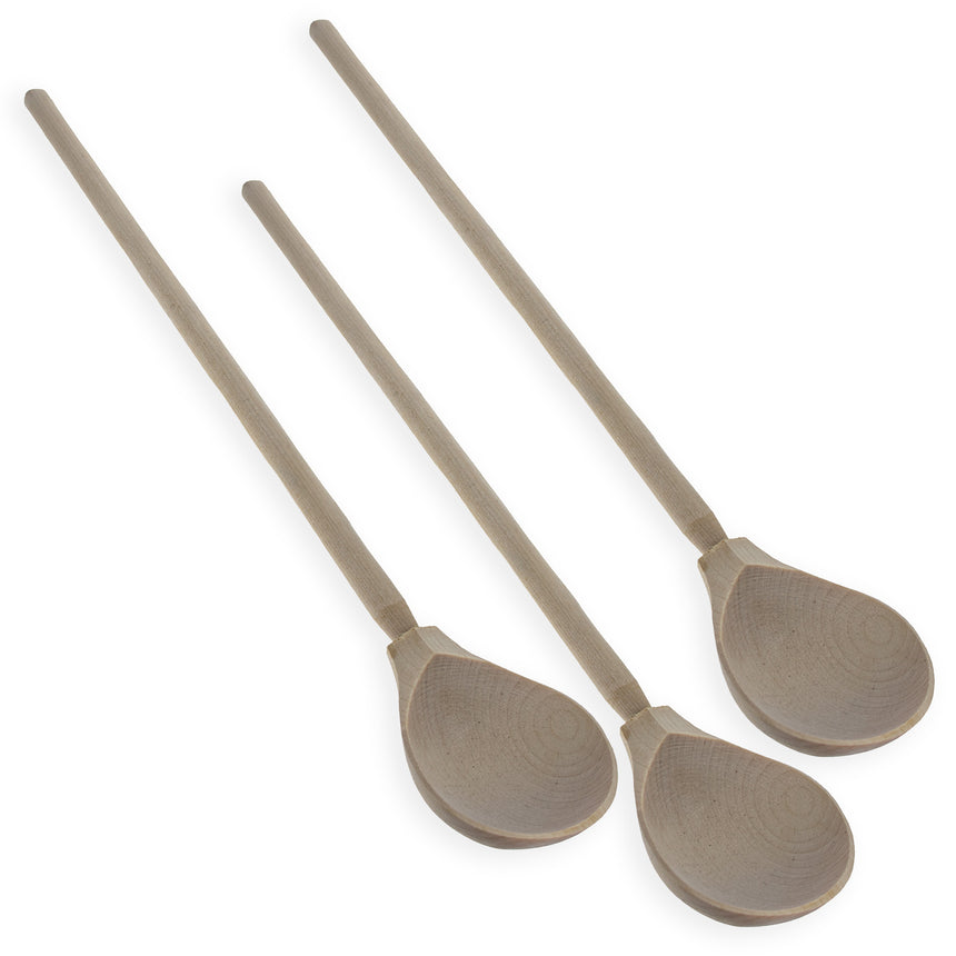 Set of 3 Unfinished Unpainted Long Handle Wooden Spoons in Beige color