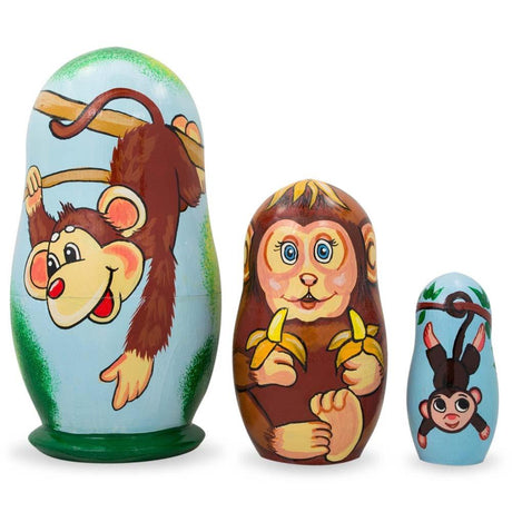 Set of 3 Smiling Monkeys Wooden Nesting Dolls 4.25 Inches in Multi color